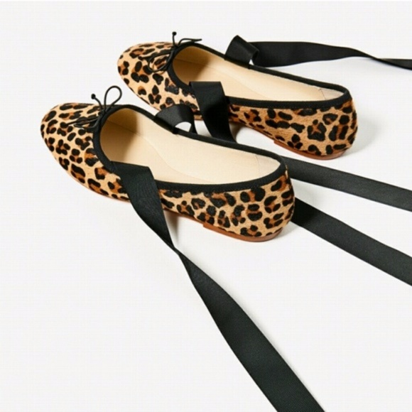 Zara Lace-up Leather Ballet flats leopard animal US 6 EU 36 NWT - Picture 5 of 5